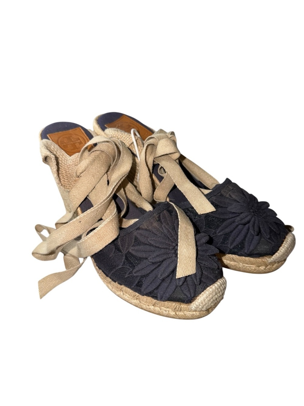 Tory Burch Black Floral Appliqué Espadrille Wedges with Natural Ties